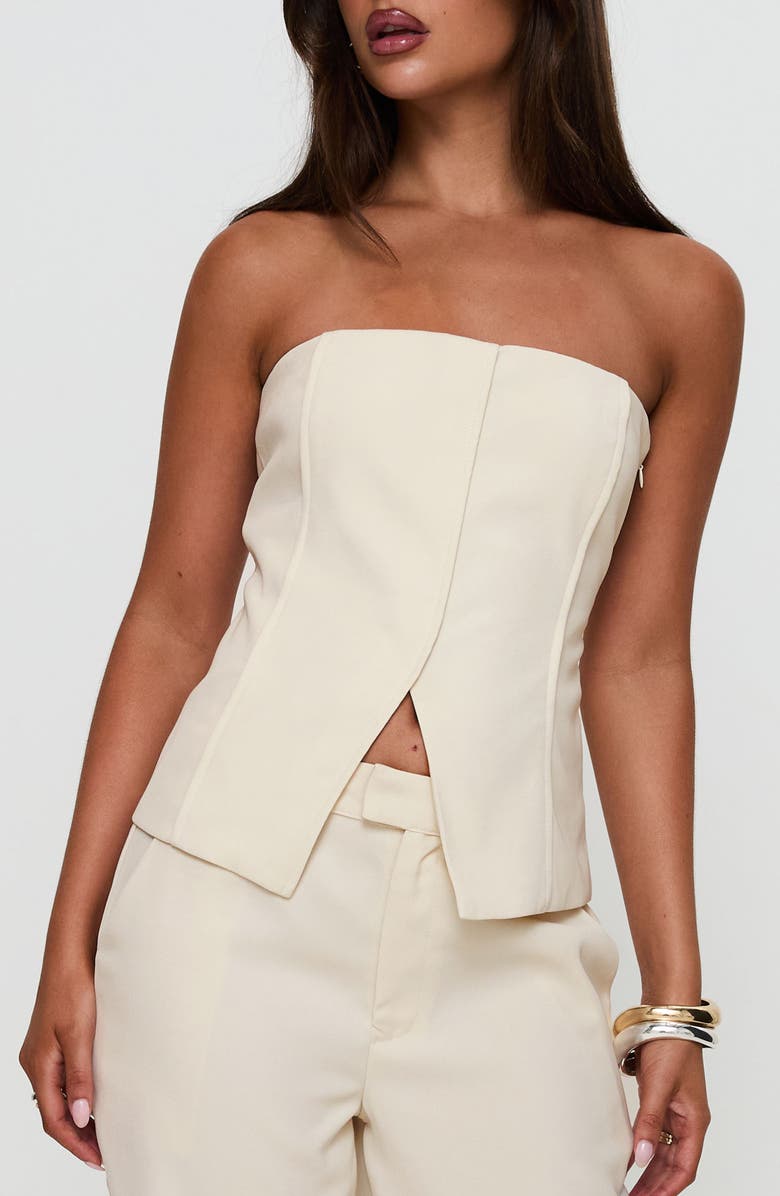 Princess Polly Lavish Living Split Front Strapless Top, Main, color, Cream