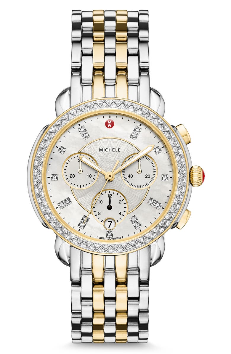 MICHELE Sidney Chronograph Diamond Watch Head & Bracelet, 38mm, Main, color, Gold/ Silver/ Mop