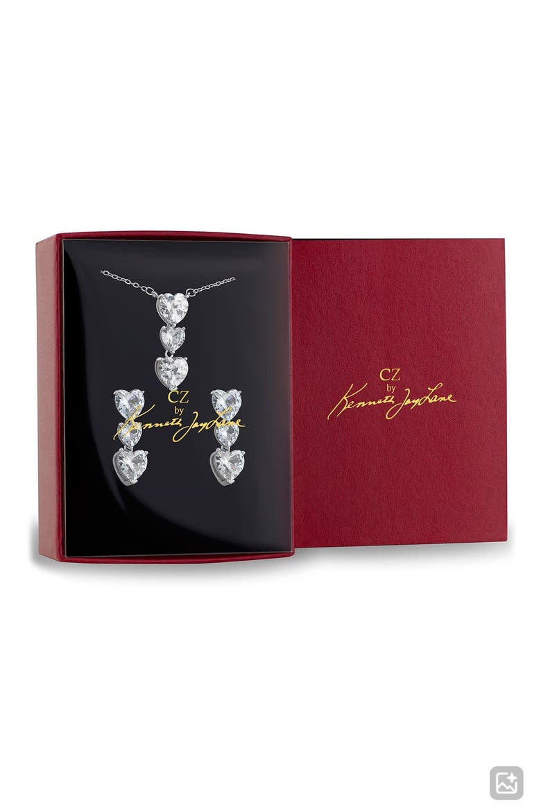 Heart Shaped Cubic Zirconia Pendant Necklace & Drop Earrings Set, Alternate, color, RHODIUM PLATED BRASS