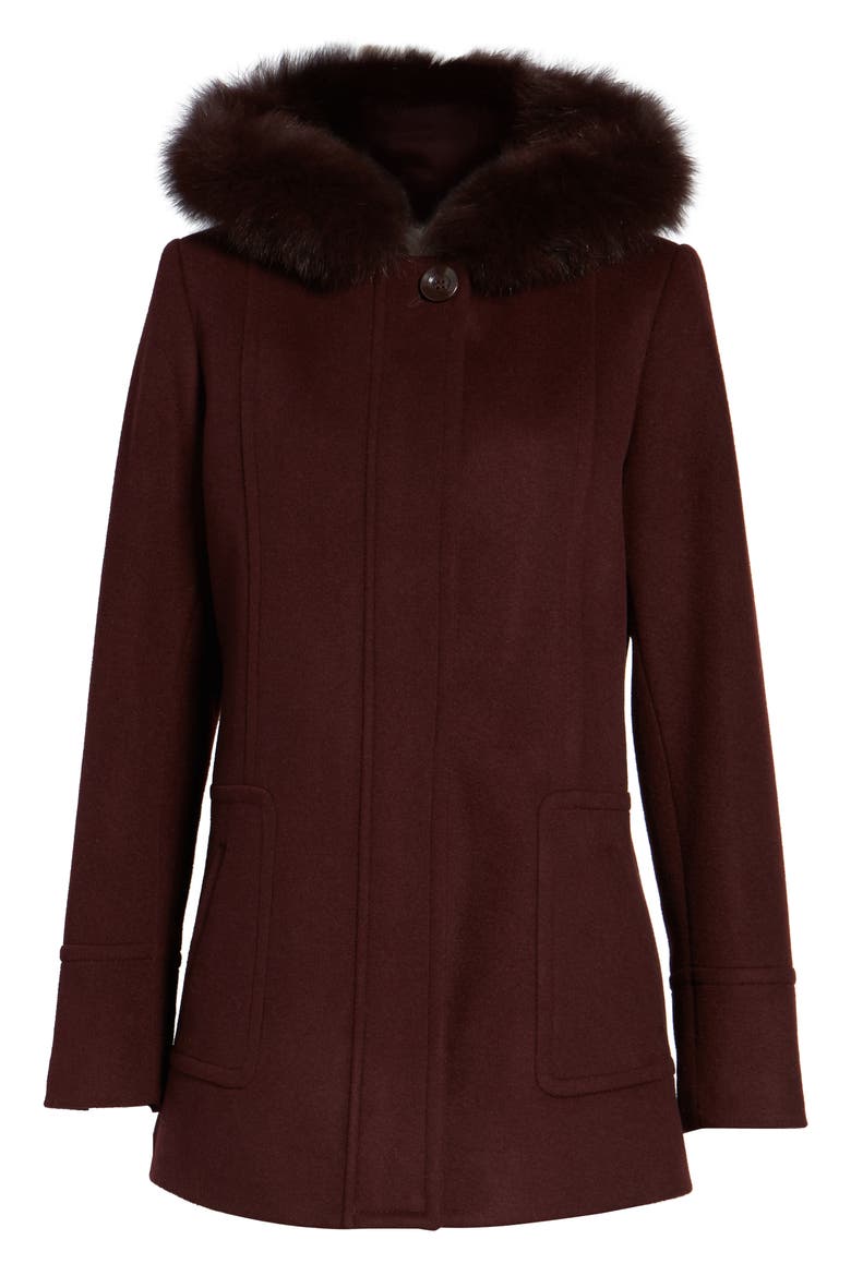 Hooded Wool Blend Coat with Genuine Fox Fur Trim, Alternate, color, BURGUNDY
