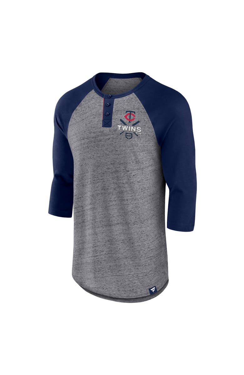 FANATICS Men's Fanatics Branded Heathered Gray/Navy Minnesota Twins Iconic Above Heat Speckled Raglan Henley 3/4 Sleeve T-Shirt, Alternate, color,