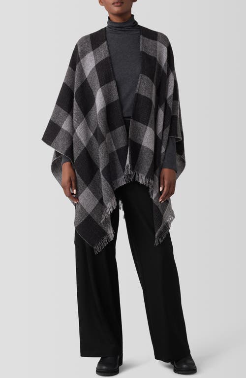 Eileen Fisher Check Wool Reversible Poncho Wrap In Gray