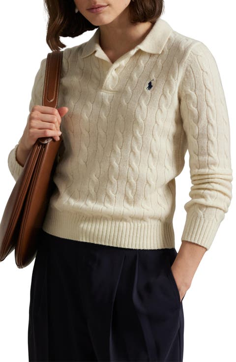 Cable Stitch Wool & Cashmere Polo Sweater