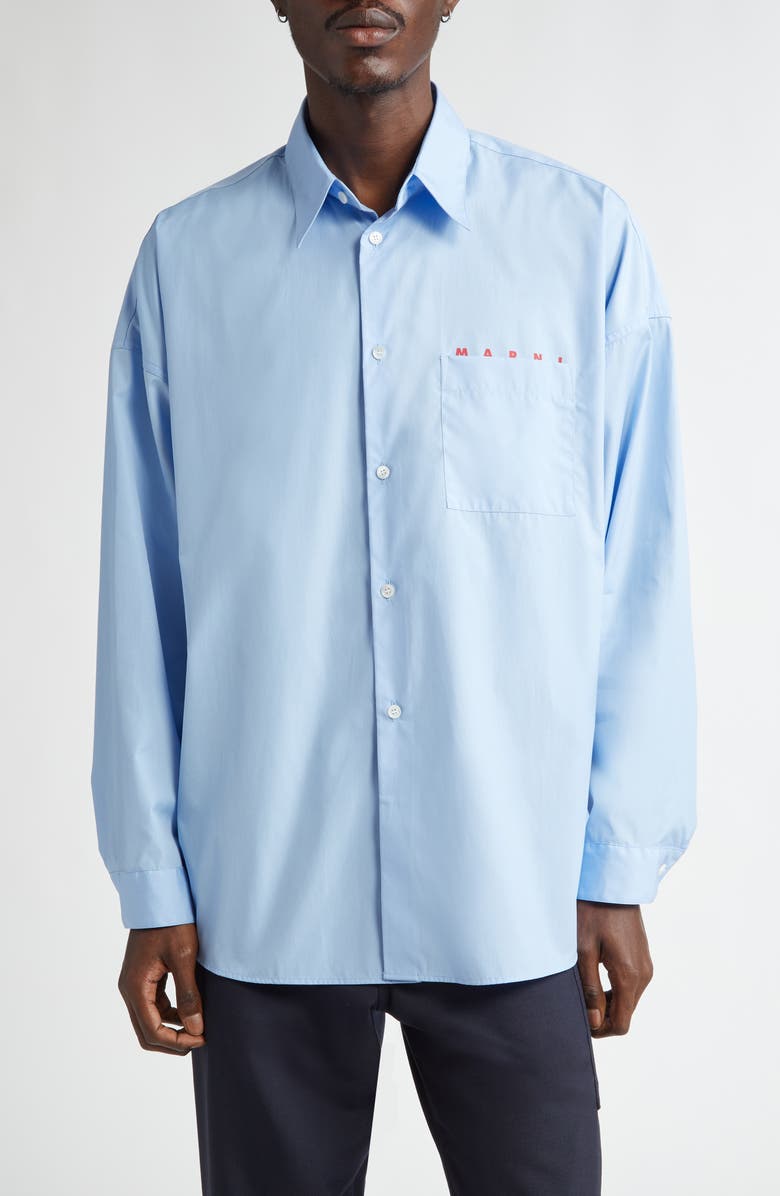 Marni Peeping Logo Organic Cotton Poplin Button-Up Shirt, Main, color, Iris/ Blue