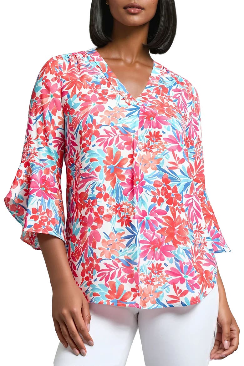Floral V-Neck Flutter Sleeve Tunic Top, Main, color, CORAL SUN MULTI