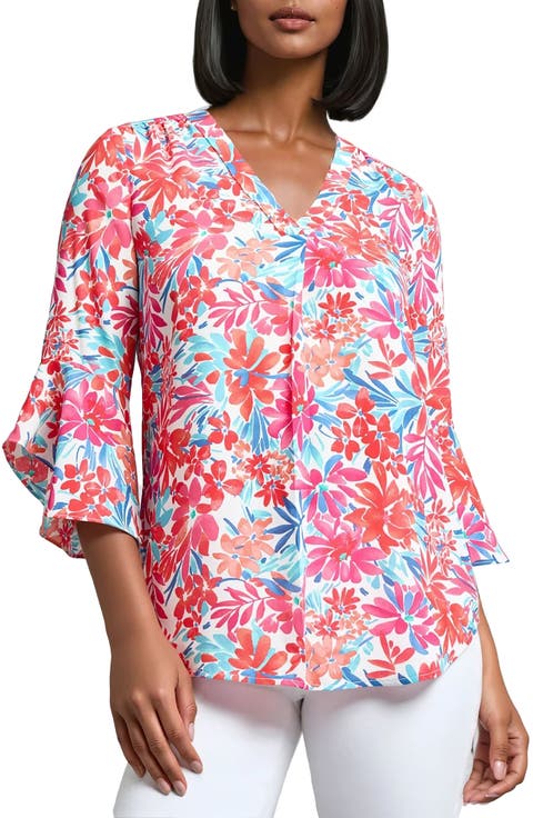 Floral V-Neck Flutter Sleeve Tunic Top