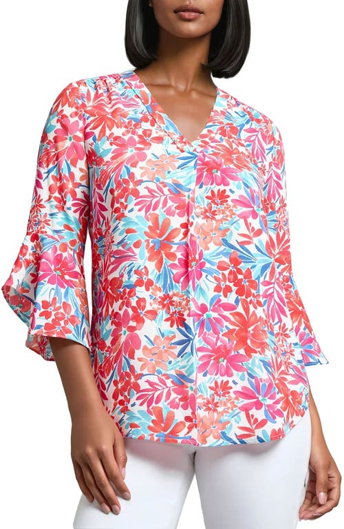 Jones New York Floral V-neck Flutter Sleeve Tunic Top In Coral Sun Multi