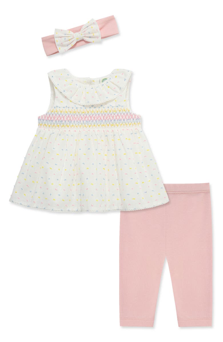 Little Me Smocked Tunic, Leggings & Headband Set, Main, color, White/ Pink