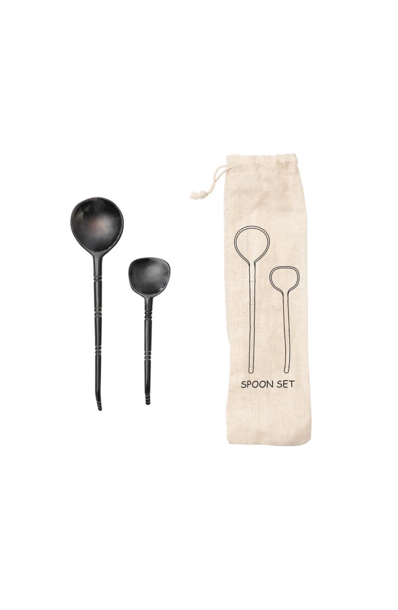 Storied Home Bloomingville Horn Spoons, Set of 2 in Printed Drawstring Bag, Main, color, Brown