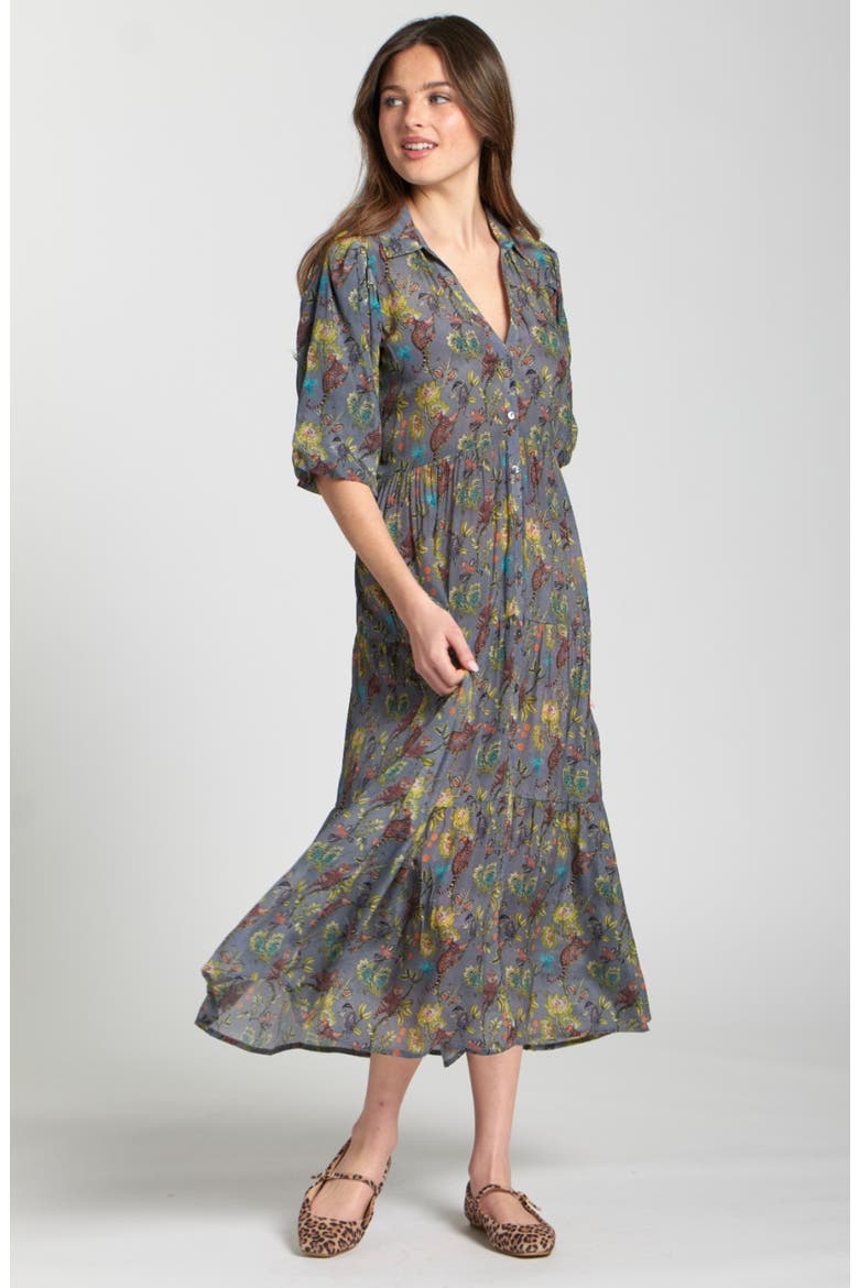Puff Sleeve Tiered Shirtdress, Alternate, color, GREY MULTI