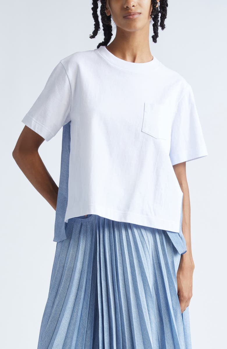 Sacai Mixed Media Jersey & Denim Pocket T-Shirt, Main, color, Off White/ Light Blue