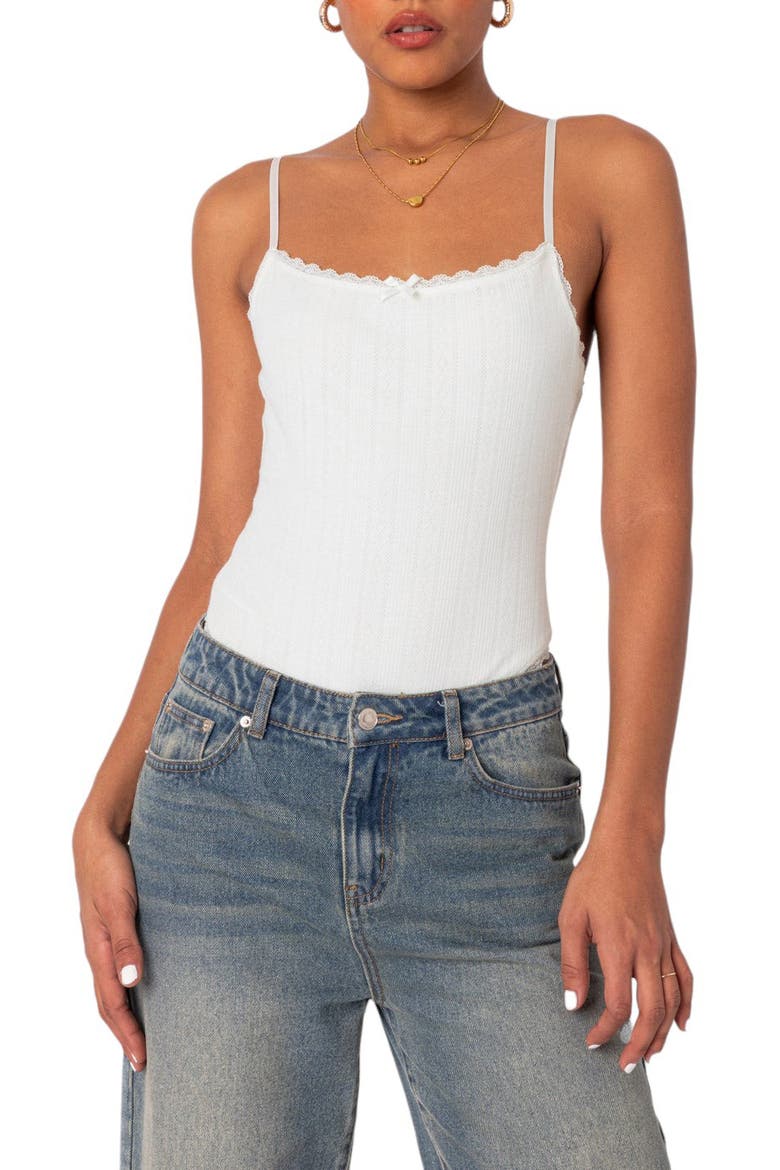Krysten Pointelle Lace Trim Bodysuit, Main, color, WHITE