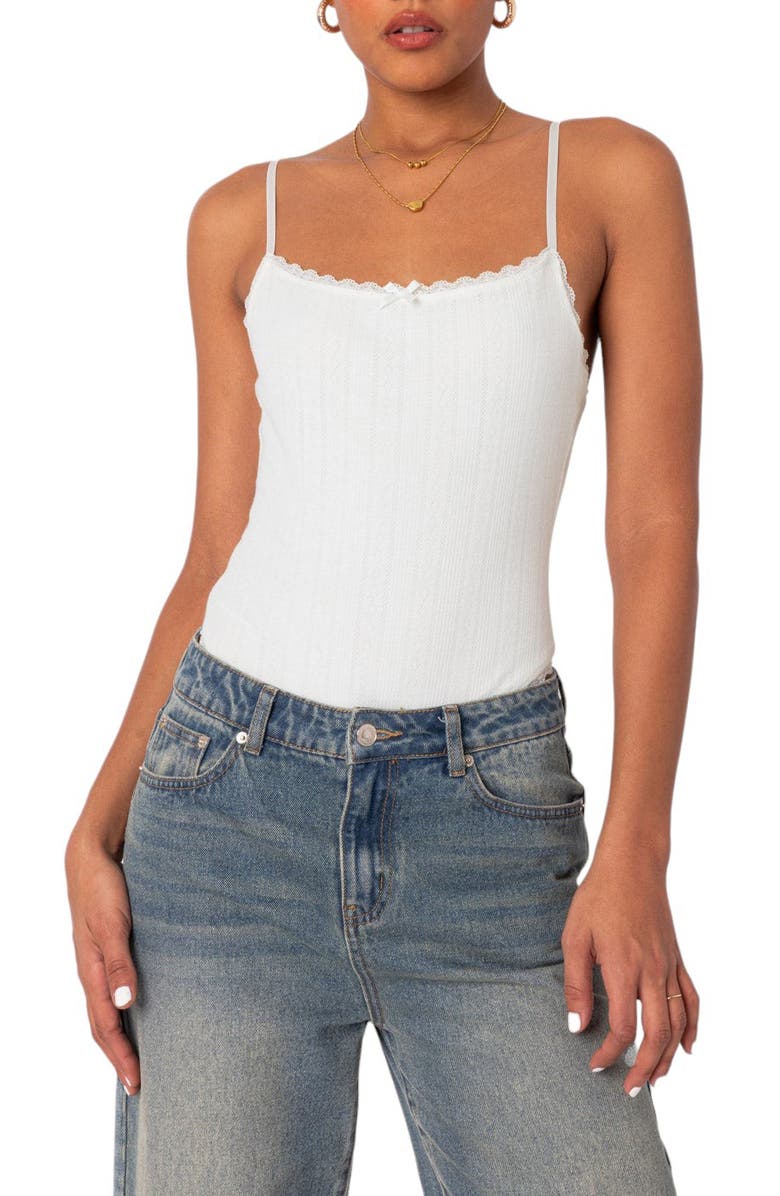 EDIKTED Krysten Pointelle Lace Trim Bodysuit, Main, color, White