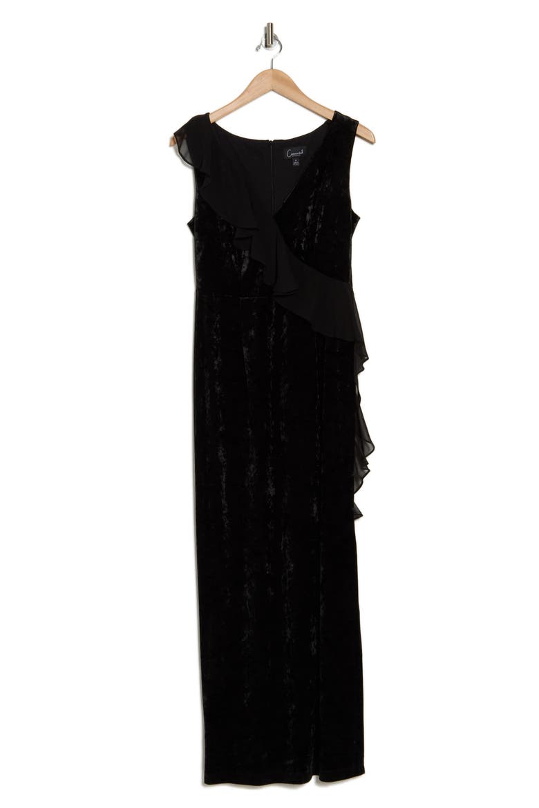Ruffle Neck V-Neck Velvet Dress, Alternate, color, BLACK
