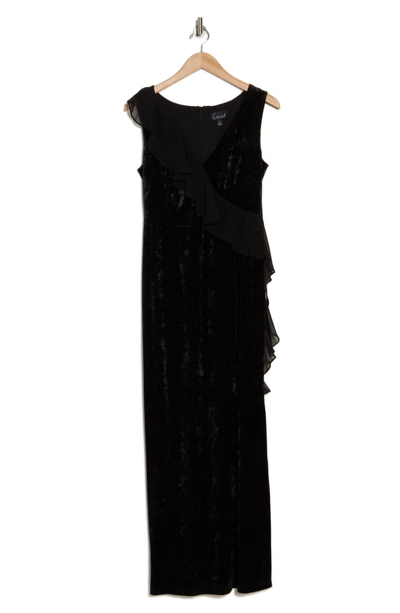 Connected Apparel Ruffle Neck V-Neck Velvet Dress, Alternate, color, Black