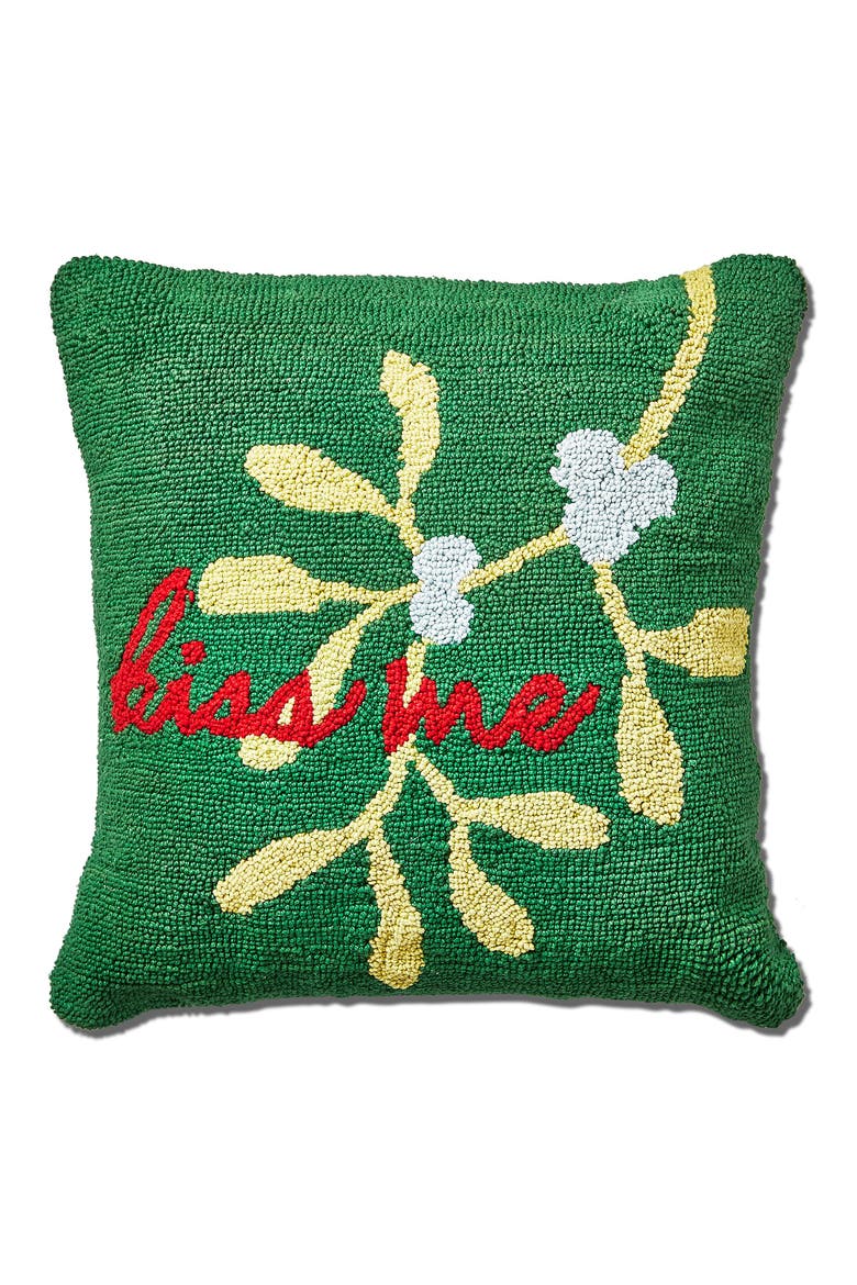 Kiss Me Mistletoe Throw Pillow Dark Green Christmas Decor, Main, color, Green