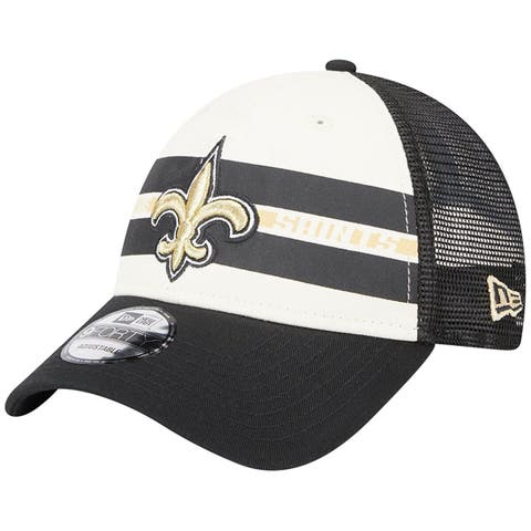 Men's New Era Cream/Black New Orleans Saints Team Stripe Trucker 9FORTY Snapback Hat
