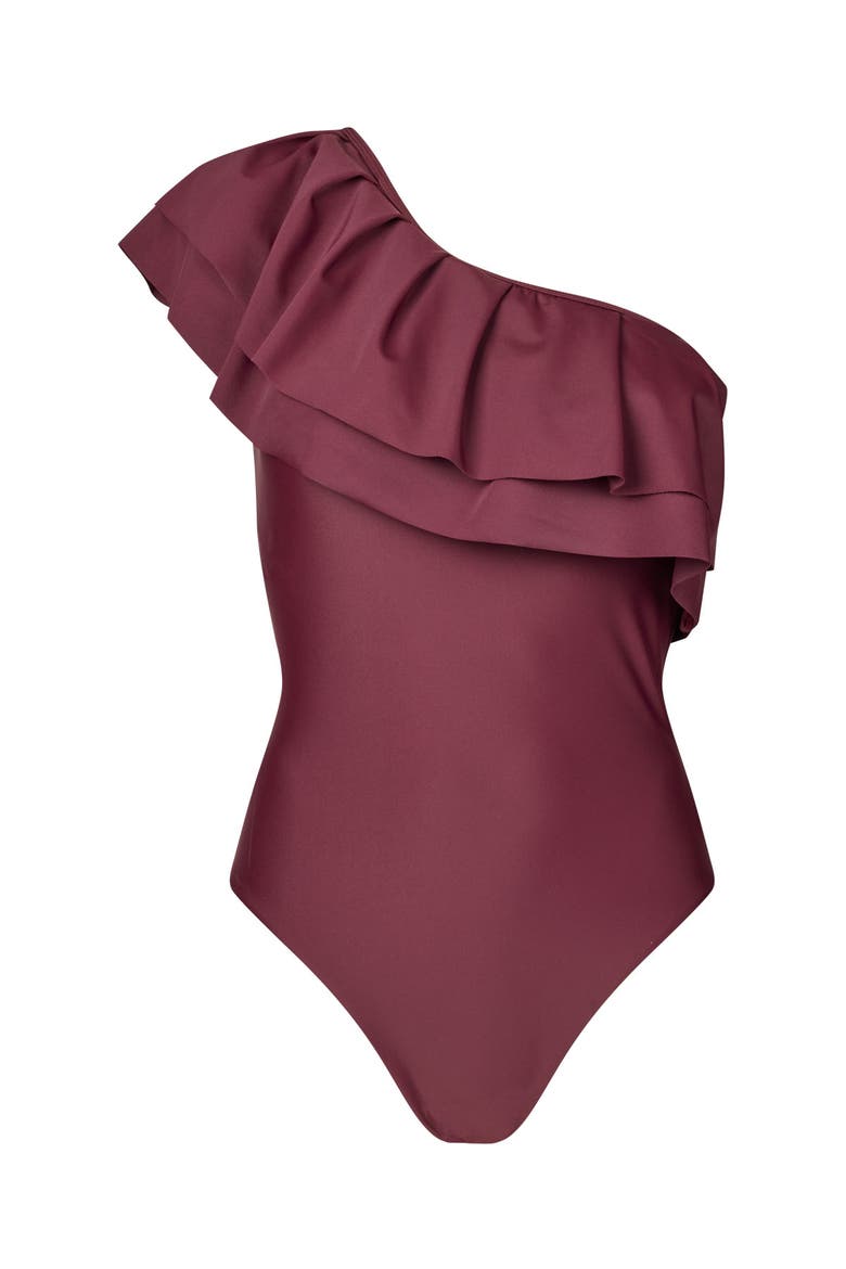 Najacras Ruffle One Shoulder Swimsuit, Alternate, color, Port Royal