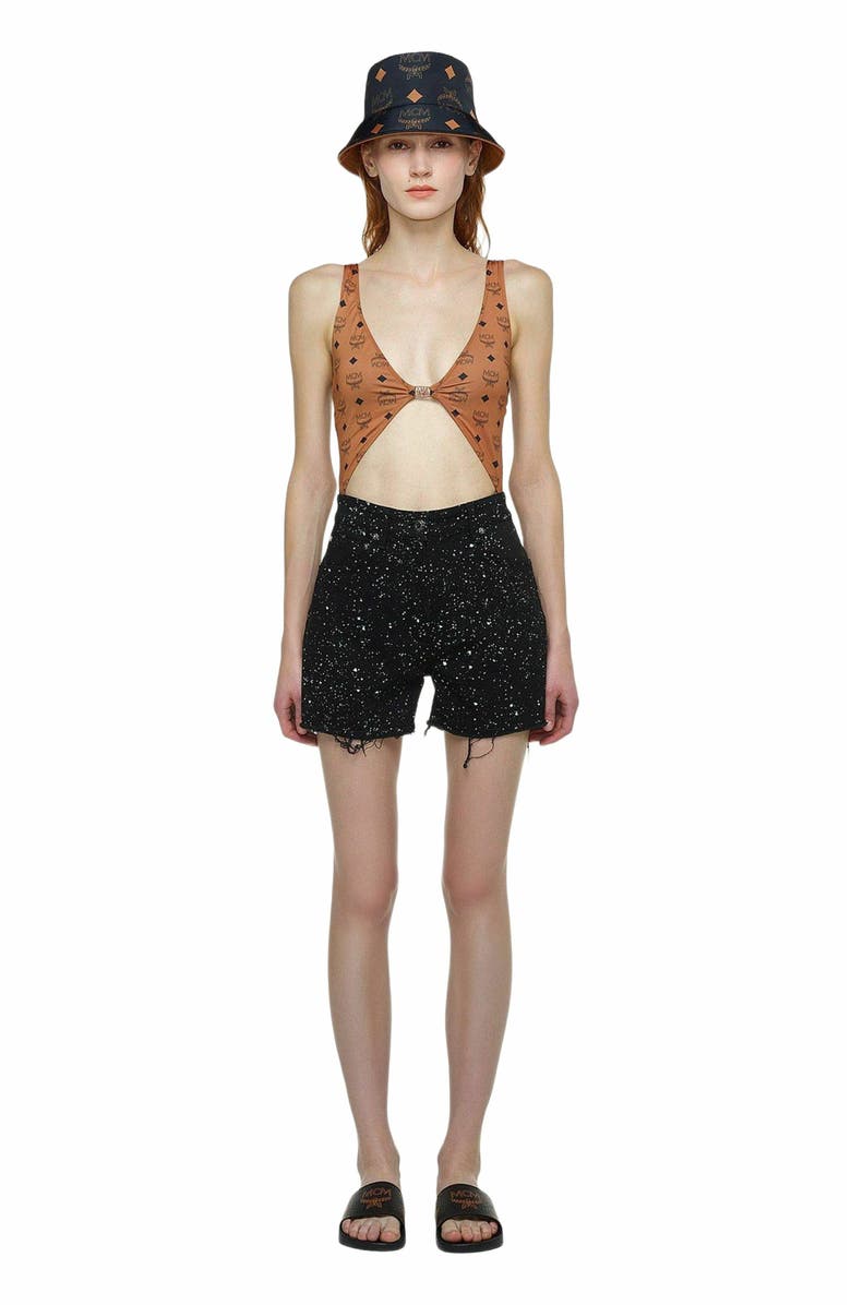 MCM Monogram Print Swimsuit, Alternate, color, Cognac