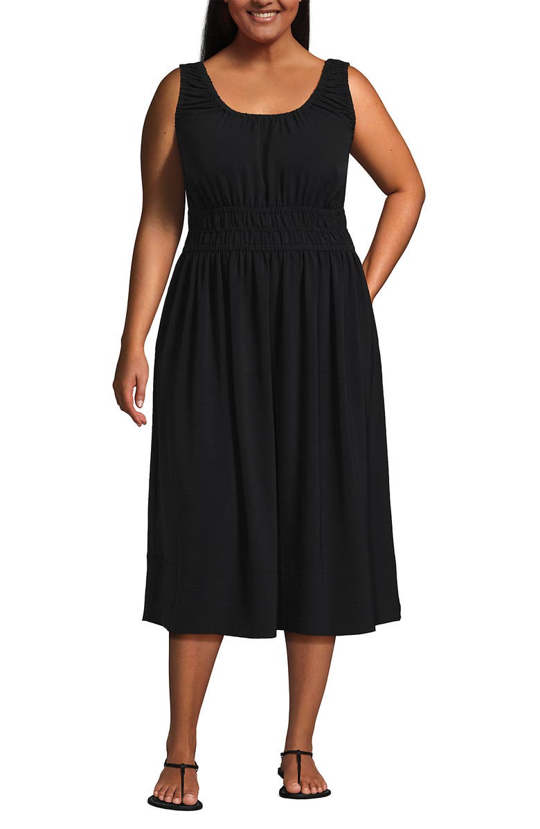 Lands' End Plus Size Creaseless Scoop Neck Smocked Midi Dress, Main, color, Black