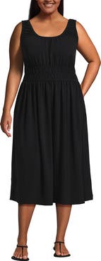 Lands' End Plus Size Creaseless Scoop Neck Smocked Midi Dress