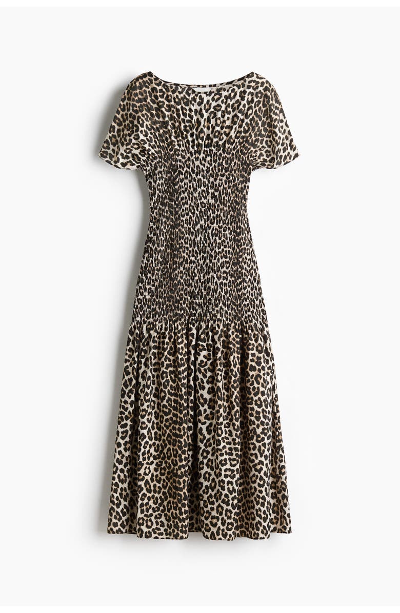 H&M Smocked-detail Dress, Alternate, color, Light Beige/Leopard Print