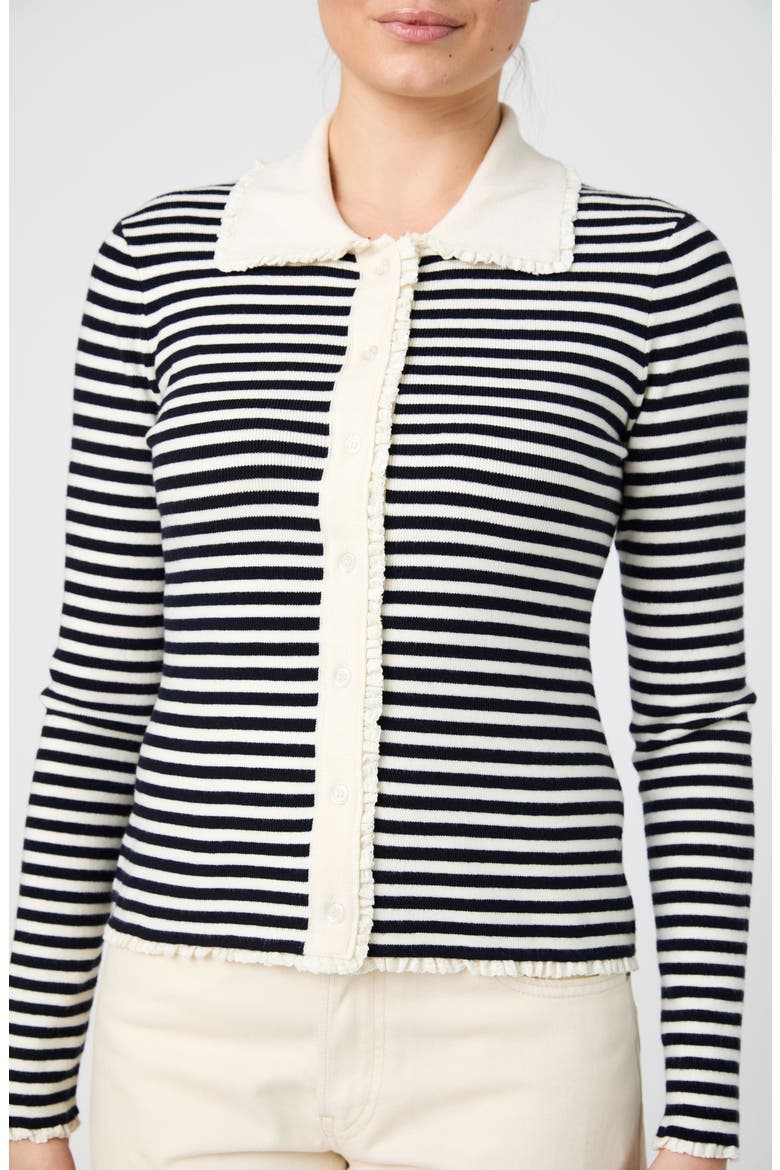 Stripe Lace Trim Collared Cardigan, Alternate, color, NAVY/ CREAM