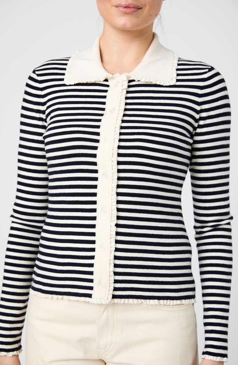 French Connection Stripe Lace Trim Collared Cardigan, Alternate, color, Navy/ Cream