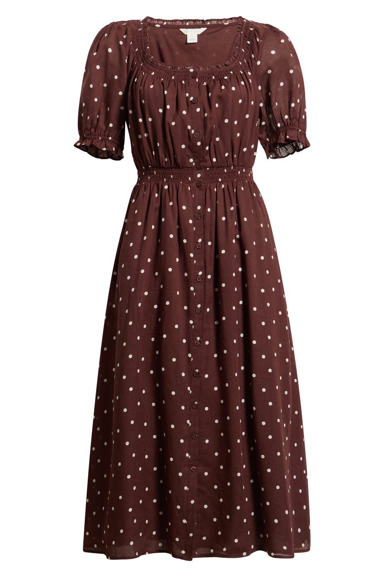 Smocked Midi Dress, Main, color, BROWN IVORY TOSS DOT