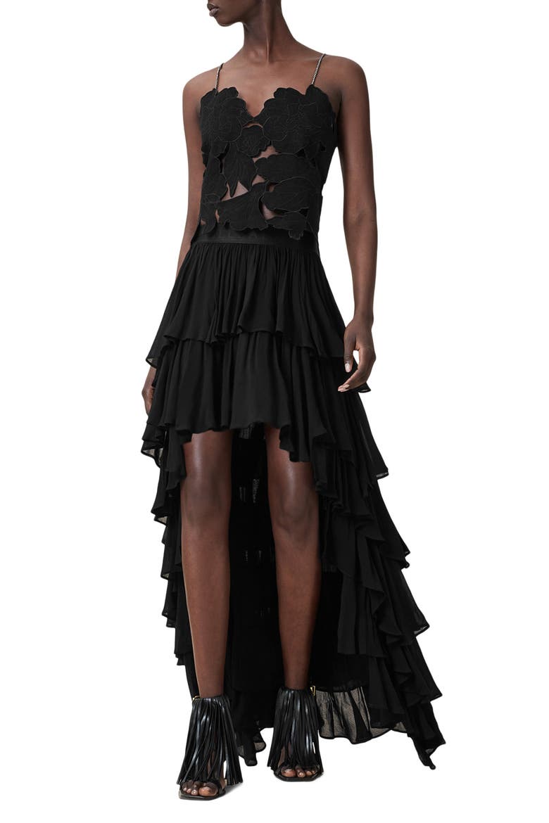 Cavarly Layered Ruffle High-Low Maxi Skirt, Alternate, color, BLACK