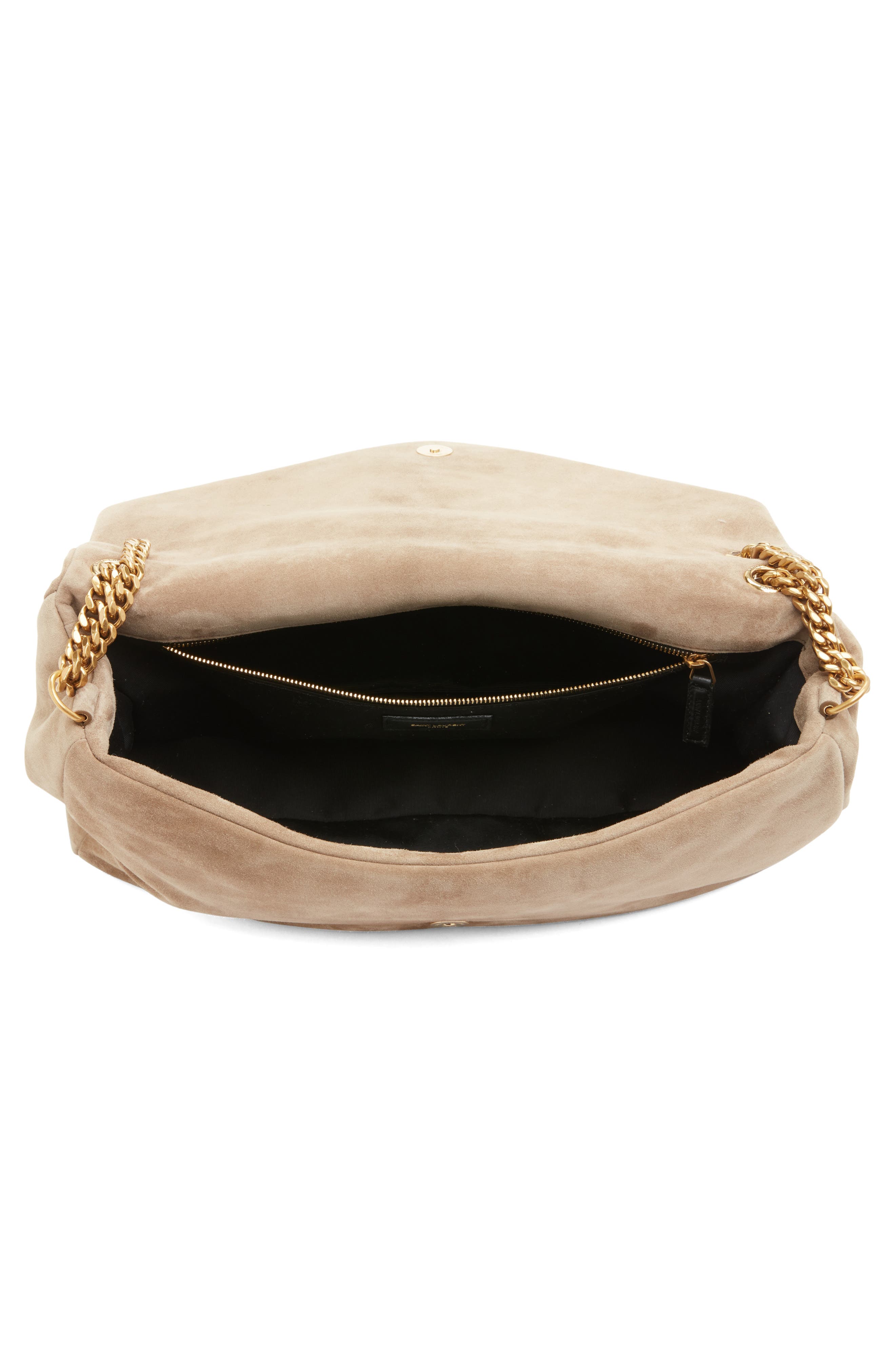 Saint Laurent Large Calypso Suede Shoulder Bag, Alternate, color, Dry Grain