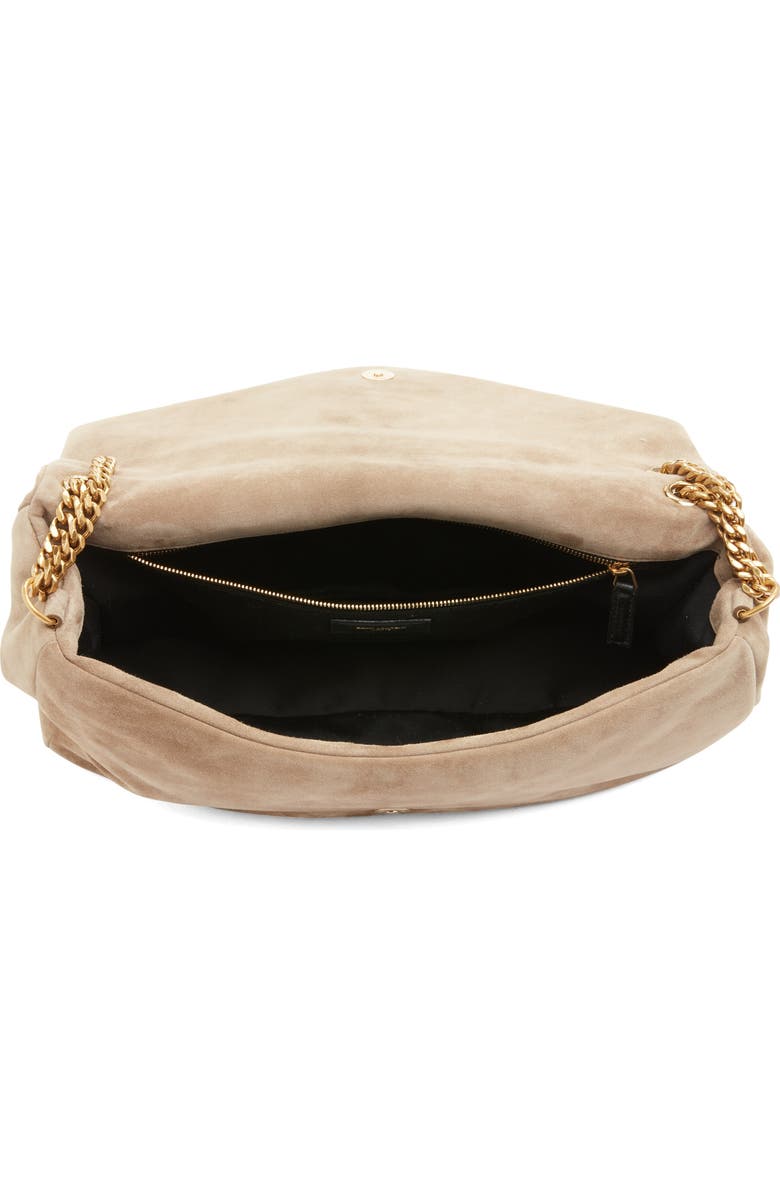 Saint Laurent Large Calypso Suede Shoulder Bag, Alternate, color, Dry Grain