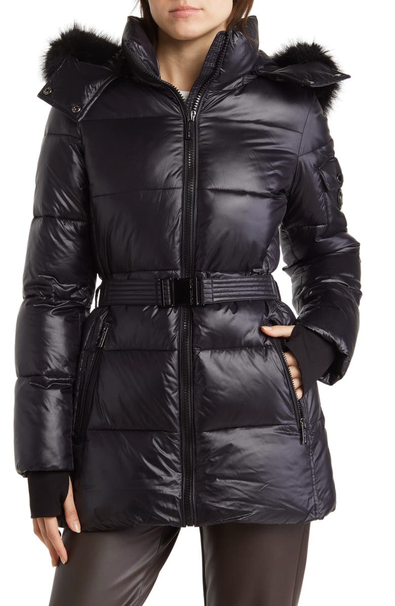 Michael Kors Faux Fur Belted Hooded Puffer Jacket, Main, color, 
