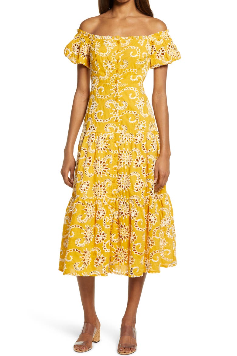 Off the Shoulder Tiered Midi Dress, Main, color, MUSTARD