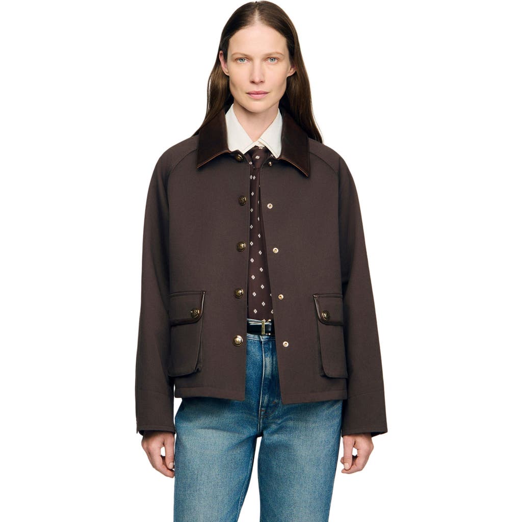 Sandro Womens Brown Gabardine Contrast-collar Cotton Coat In Multi