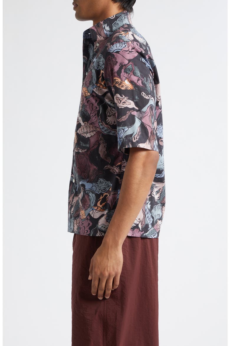 Floral Short Sleeve Button-Down Shirt, Alternate, color, BLACK / PLUM