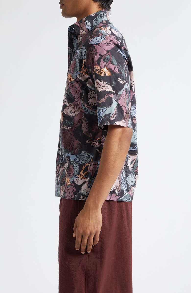 Lemaire Floral Short Sleeve Button-Down Shirt, Alternate, color, Black / Plum