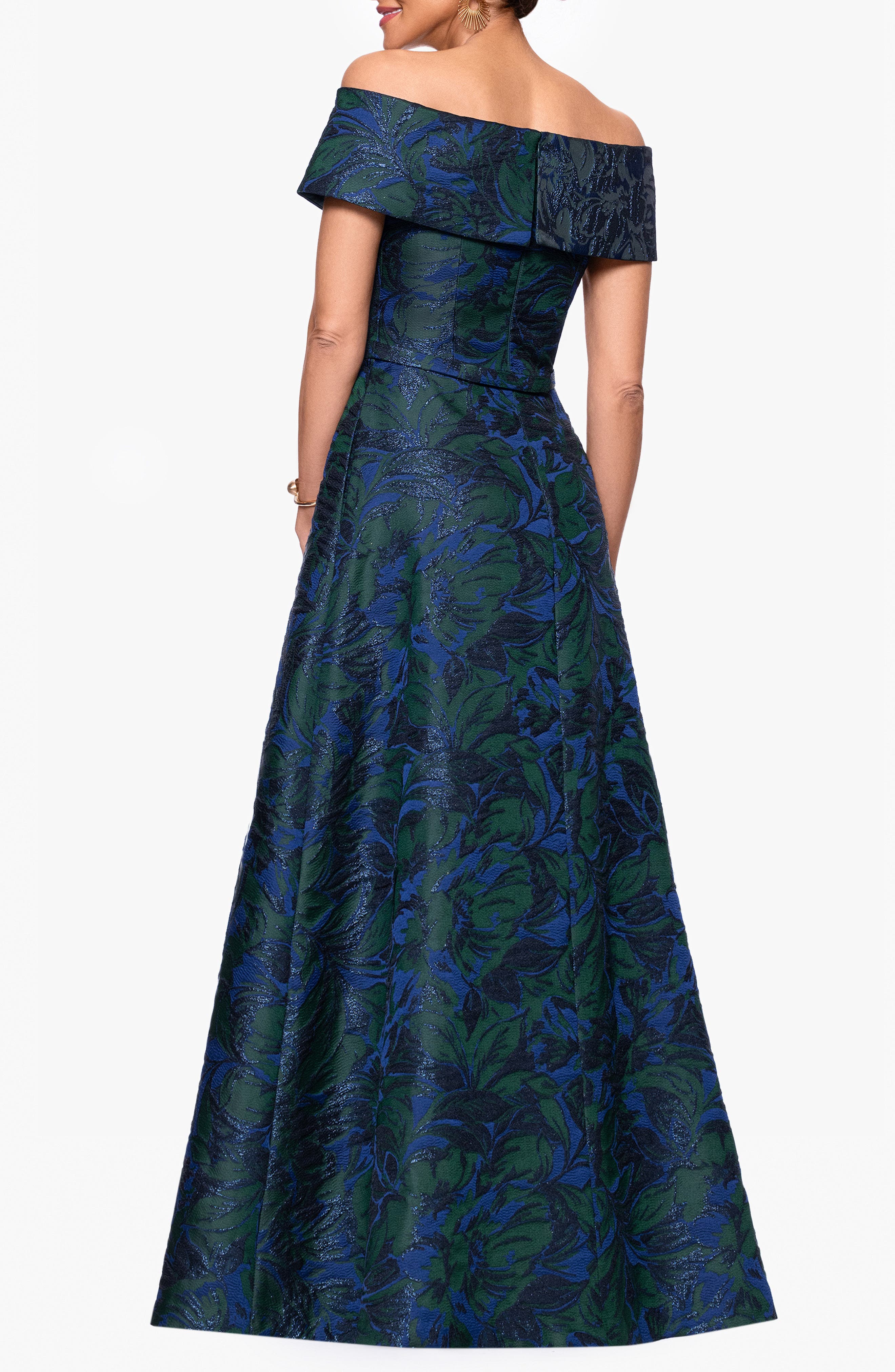 off shoulder brocade dress Terani Couture 242C3016 Off-Shoulder Short fitted waist Short A-Line Fitted Off-Shoulder V-Neck