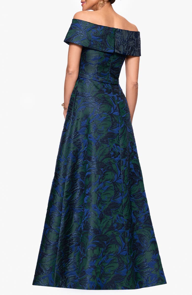 Xscape Evenings Off the Shoulder Brocade Ballgown, Alternate, color, Navy / Green