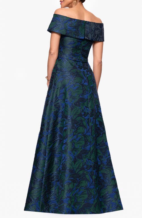 Xscape Evenings Off The Shoulder Brocade Ballgown In Blue