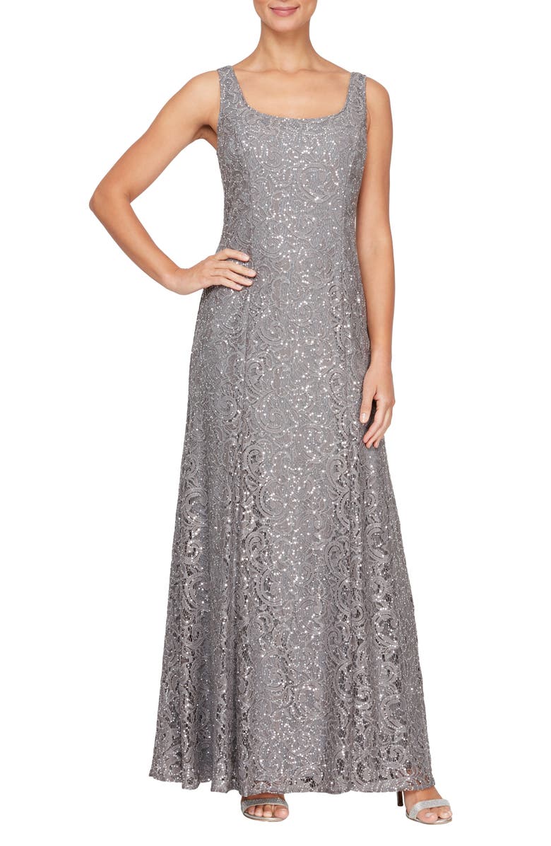 Alex Evenings Two-Piece Sequin Lace Gown & Jacket, Alternate, color, Charcoal