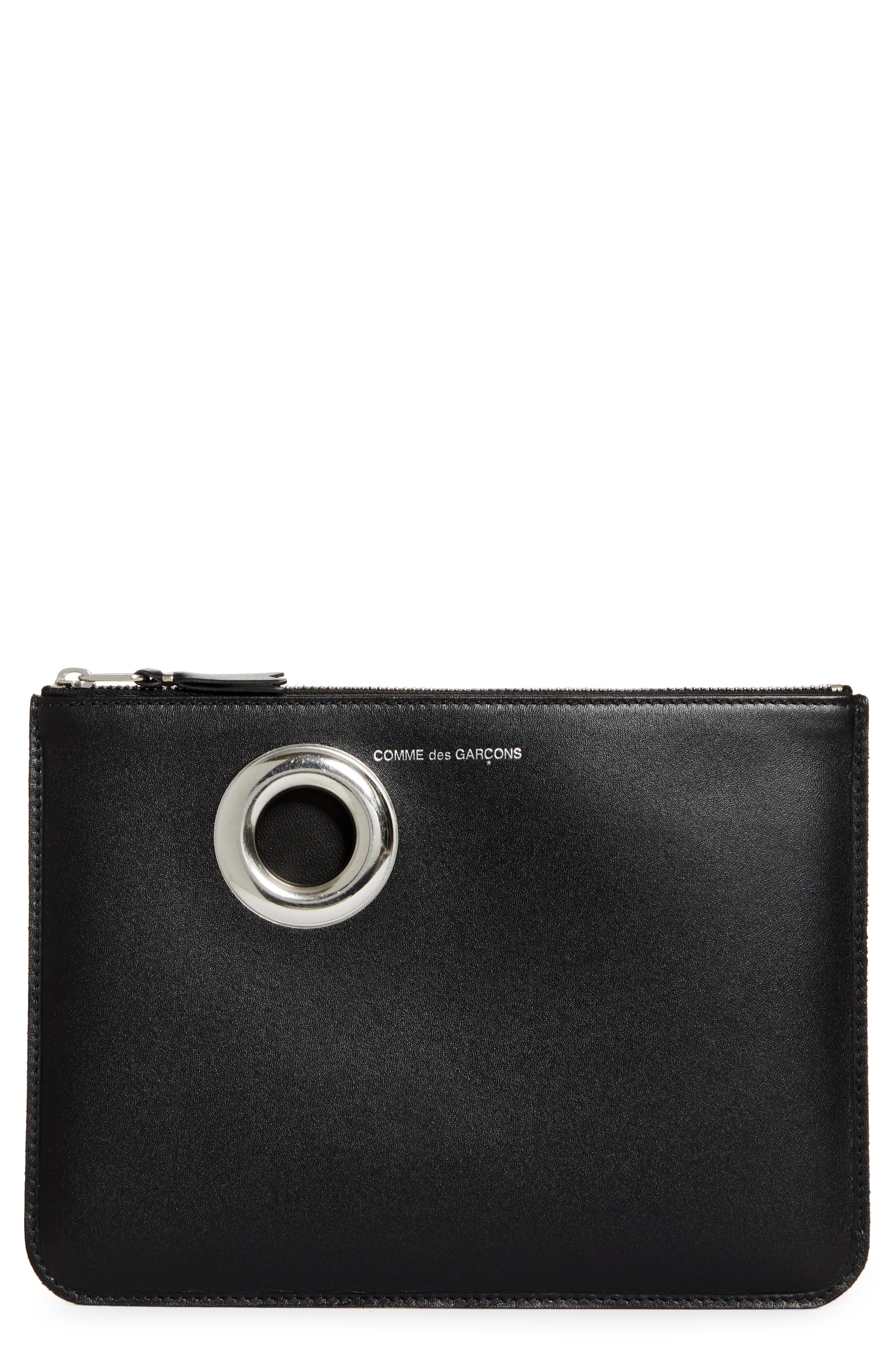 Comme des Garçons Wallets Large Eyelet Leather Zip Pouch, Main, color, Black