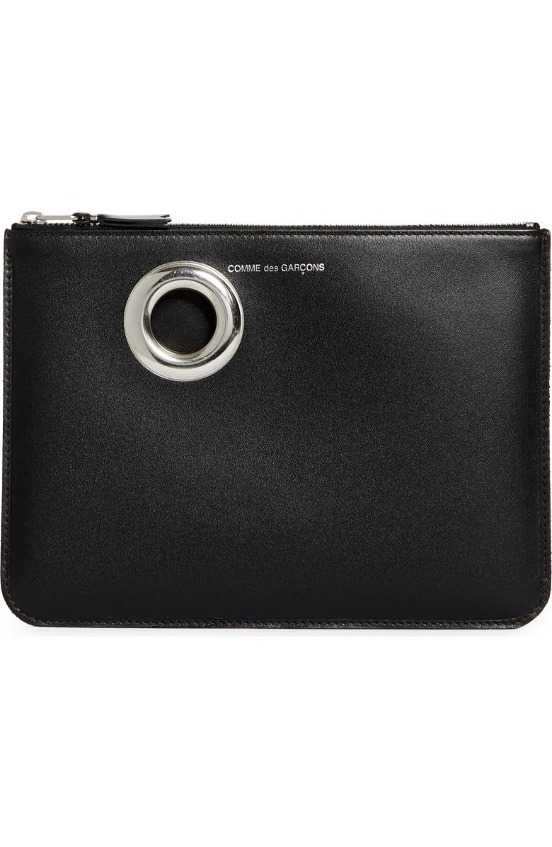 Comme des Garçons Wallets Large Eyelet Leather Zip Pouch, Main, color, Black
