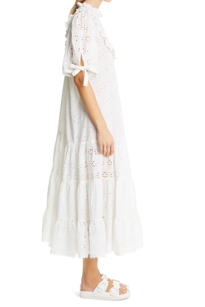 Broderie Anglaise Bib Front Midi Dress, Alternate, color, WHITE