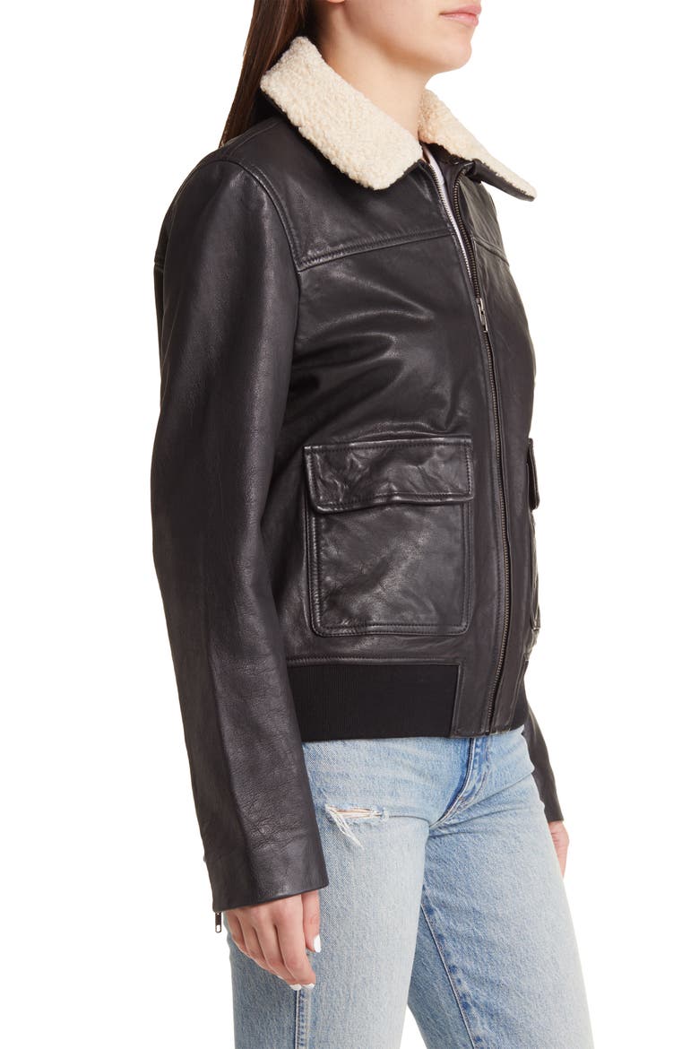 Leather Bomber Jacket with Removable Faux Shearling Trim, Alternate, color, BLACK
