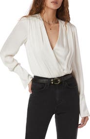 Favorite Daughter Surplice Long Sleeve Satin Bodysuit