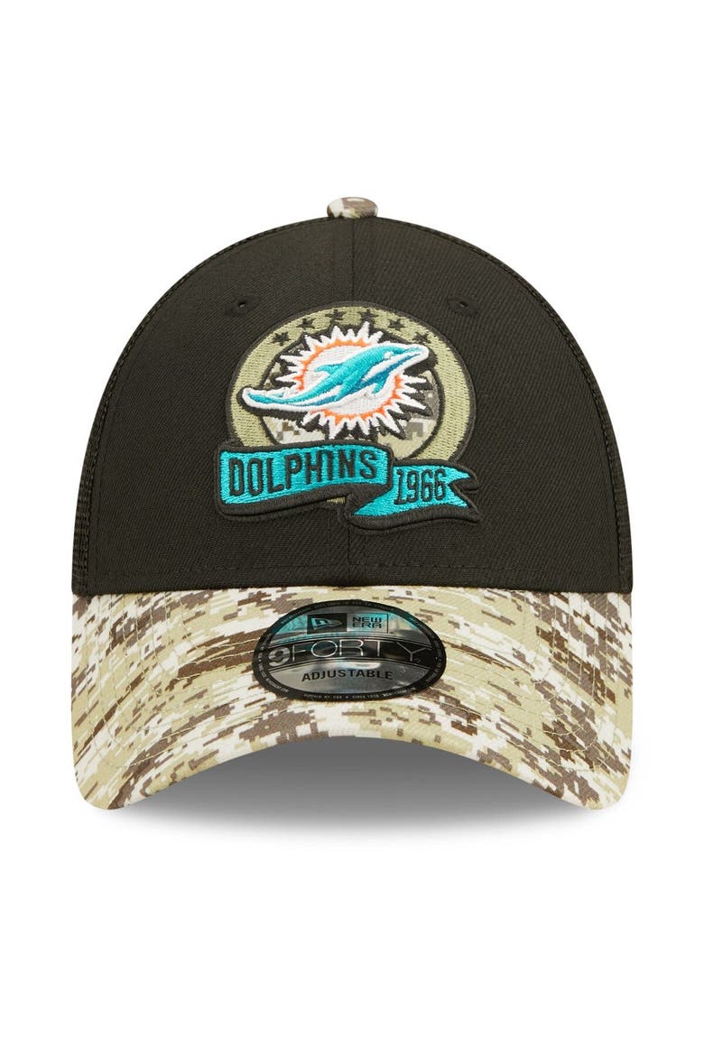 Men's New Era Black/Camo Miami Dolphins 2022 Salute To Service 9FORTY Snapback Trucker Hat, Alternate, color, Black