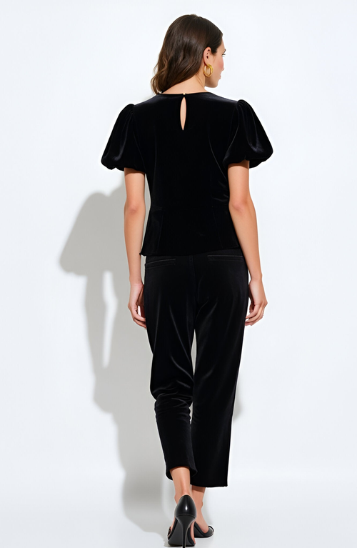 Modenaire Velvet Puff Sleeve Top With Front Keyhole Cutouts And Rhinestone Bow Details In Black