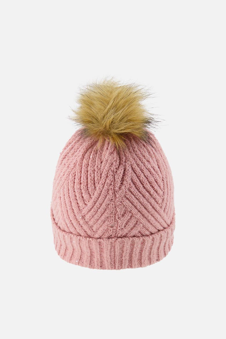 Chevron Fleece Lined Faux Fur Pompom Winter Knit Hat, Alternate, color, Pale Dusty Pink