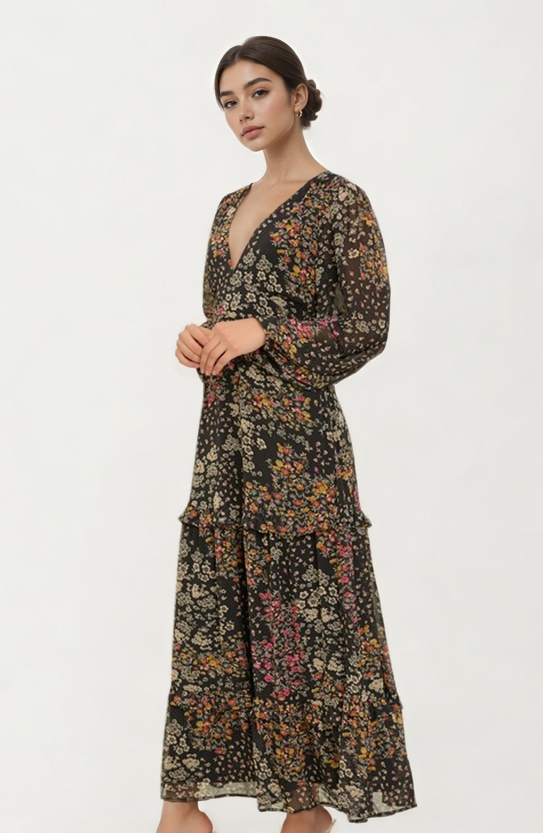 Knit and Lounge Floral Print Long Sleeve Maxi Dress with Deep V-Neckline, Alternate, color, Floral Print
